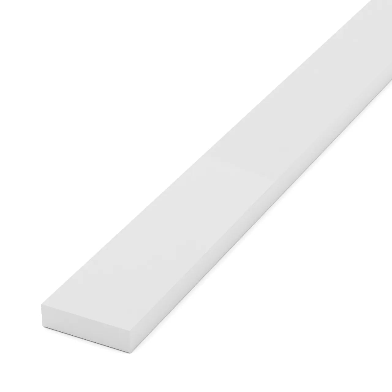 A 1 in. x 3-1/2 in. x 12 ft. White Cellular PVC Trim plank by Go Build, The Fastest Way To Build, is shown with sharp edges and a flat, rectangular shape, positioned diagonally on a plain white background.